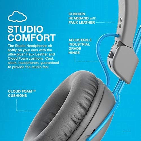 JLab Studio On-Ear Headphones, Wired Headphones, Gray/Blue, Tangle Free Cord, Ultra-Plush Faux Leather with Cloud Foam Cushions, 40mm Neodymium Dr...