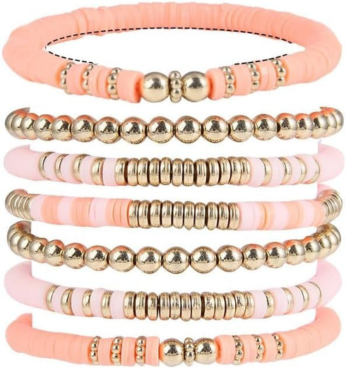 Pingyongchang Heishi Gold Beaded Bracelets Set for Women Men Bohemian Polymer Clay Colorful Surfer Vinyl Disc Stretch Layering Stackable Friendshi...