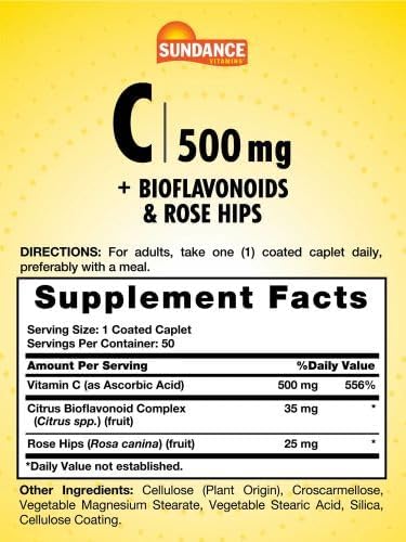 Vitamin C 500mg with Bioflavonoids and Rose HIPS | Vegetarian, Non-GMO, and Gluten Free | Essential Vitamin Supplement | by Sundance...