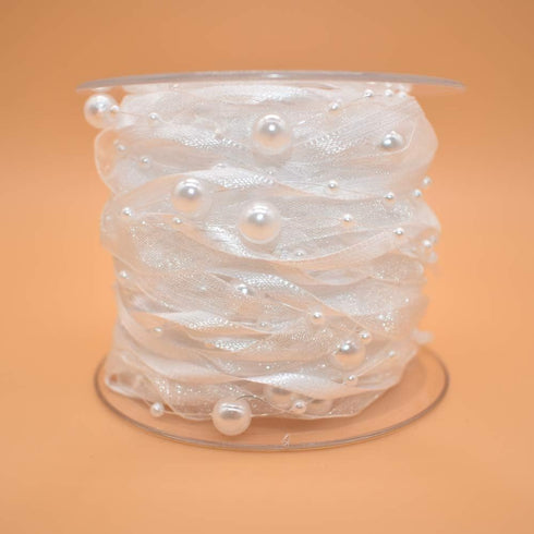 10M Artificial Bead Pearl Ribbon Chiffon Ribbon and Organza Lace Ribbon Trims for Wedding Flower Christmas Tree Decoration Sewing Craft Packaging ...