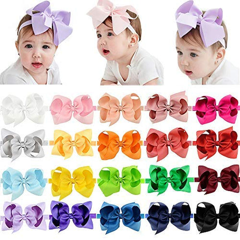 jollybows 20pcs Baby Girls Grosgrain Ribbon Hair Bows Headbands 6" Elastic Hair Band Hair Accessories for Infants Newborn (Multicoloured 6“ Bows E...
