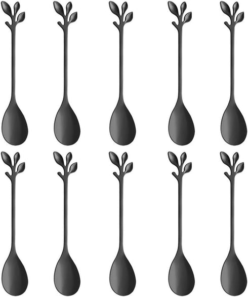 AnSaw Elegant Black Leaf Coffee Spoons - 10-Piece, 4.7" Mini Stainless Steel Espresso & Dessert Tea Spoons, Perfect for Demitasse & Small Servings...