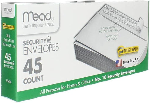 Mead Press-it Seal-it No.10 Security Envelopes, 4.125 x 9.5-Inches, White, 45 Count, Pack of 2 (90 Count In Total)( 75026)...