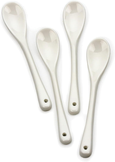 RSVP International Poached Egg Spoon, 4 Piece Set Multipurpose Use for Serving Jam, Honey or Soft Boiled Eggs, 5.5" Length, White Porcelain...