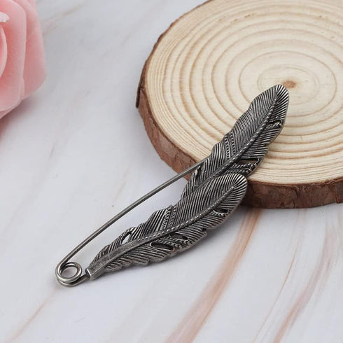 2 Pc Antique Silver Large Feather Durable Strong Metal Kilt Scarf Brooch Safety Pin...