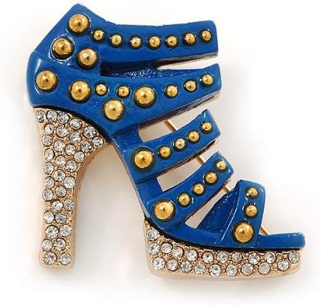 Royal Blue Enamel, Crystal High Heel Shoe Brooch In Gold Tone - 35mm L...