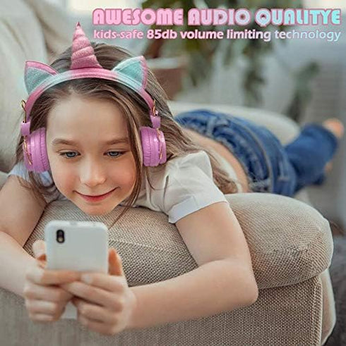Unicorn Wireless Headphones for Kids,Cat Ear Bluetooth 5.0 Over Ear Headphones with Microphone for Cellphone/iPad/Laptop/PC/TV/PS4/Xbox One, Folda...