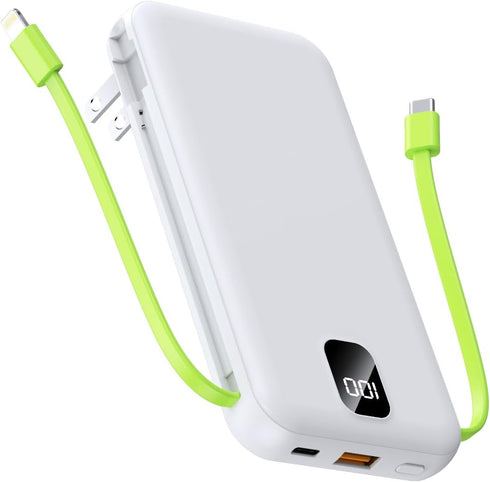 Portable Charger with Built-in Cables & AC Wall Plug 10000mAh Power Bank Fast Charging USB C for iPhone Samsung Android Phone External Battery Pac...
