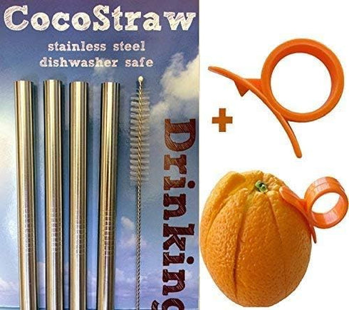 4 Stainless Steel Wide Smoothie Straws + Cleaning Brush + Citrus Peeler - CocoStraw Large Straight Frozen Drink Straw...