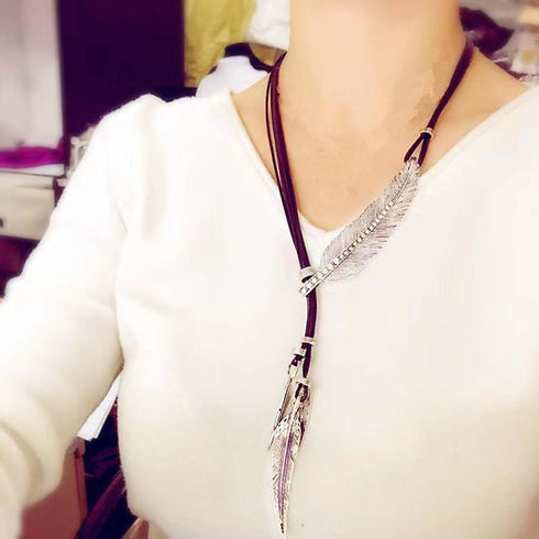 Women Girls Antique Vintage Time Necklace Sweater Chain Pendant Feather Pendant Necklace Silver...