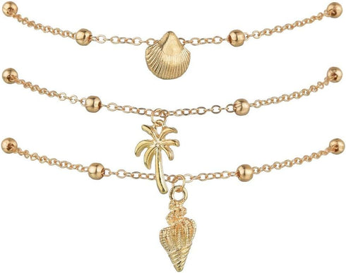 Boho Shell Anklet Bracelet Chain Gold Coconut Tree Ankle Conch Anklets Adjustable Handmade Beaded Chain Foot Jewelry Accessories for Women and Gir...