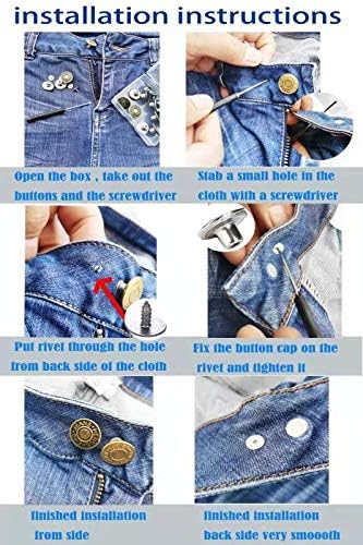 Jean Buttons No Sew 20 Sets Replacement Jean Buttons 17mm Combo Copper Tack Buttons Replacement Kit with Rivets and Metal Base in Plastic Storage ...