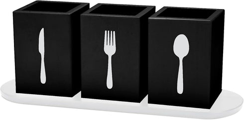 Kathfly 4 Pcs Silverware Caddy Utensil Holder for Countertop Silverware Organizer with Wood Tray Spoon Fork Holder for Kitchen Parties(Black)...