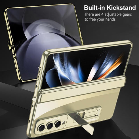 for Samsung Galaxy Z Fold 4 5G Clear Case with Magnetic Hinge Protection and Adjustable Kickstand & Screen Protector, Transparent Electroplating M...