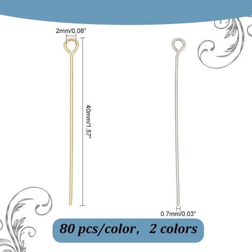 PH PandaHall 160 pcs 45mm(1.7 inch) 304 Stainless Steel Head Pins Findings 21 Gauge(0.7mm) Open Eye Pin for Earring Pendant Bracelet Jewelry DIY C...