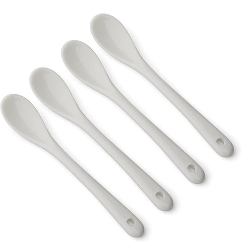 RSVP International Poached Egg Spoon, 4 Piece Set Multipurpose Use for Serving Jam, Honey or Soft Boiled Eggs, 5.5" Length, White Porcelain...