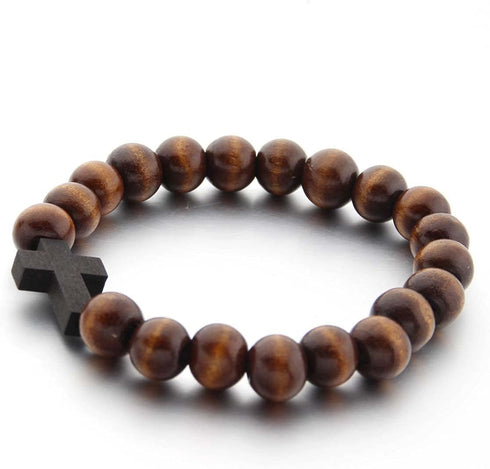 Wooden Cross Wood Beaded Bracelet for Women Men Religious Christian Jewelry Pray Baptism...