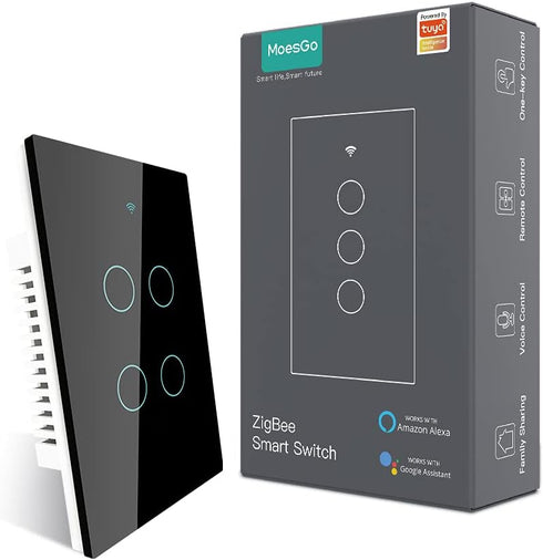 MoesGo ZigBee Wall Touch Smart Light Switch, Only Work with MoesGo Zigbee Hub, No Neutral Wire/N+L Wiring, Smart Life Tuya 2/3 Way Remote Control,...