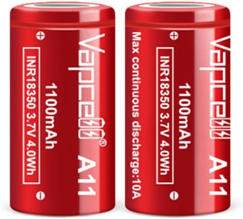 Vapcell 3.7V 1100mah Flat Top 18350 10A Discharge 4.0Wh high Drain Li-on IMR Rechargeable Lithium Battery 2pcs...