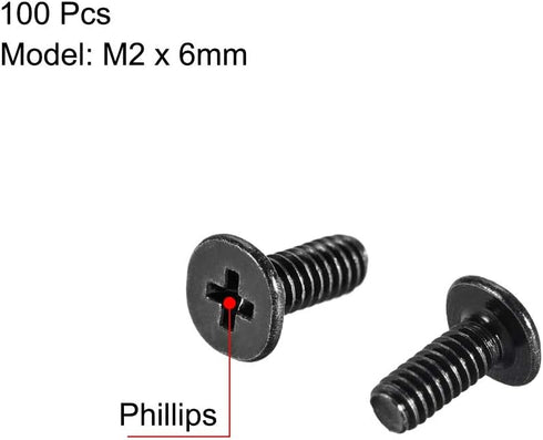 uxcell M2x6mm Phillips Screw Fastener Black 3.8mm Dia Screw Head for Laptop PC TV Fan Switch 100pcs...