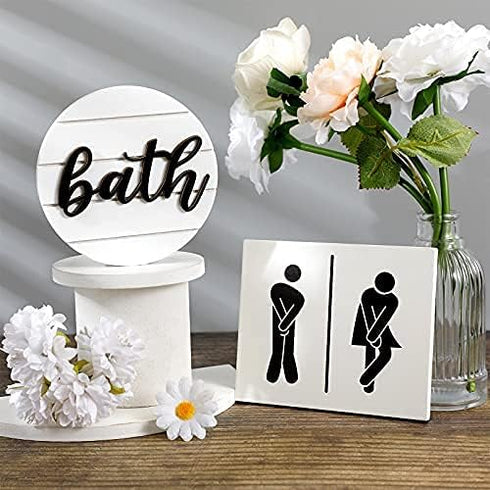 Jetec 2 Pcs 3D Bathroom Signs Decor Farmhouse Bathroom Shelf Decor Rustic Funny Wooden Unisex Round Shiplap Restroom Signs for Guest Modern Busine...
