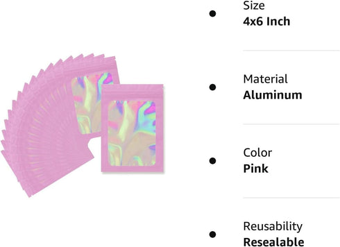 100 Pack Mylar Bags - 4 x 6 Inch Resealable Smell Proof Bags Foil Pouch Flat Bag with Front Window Pink...