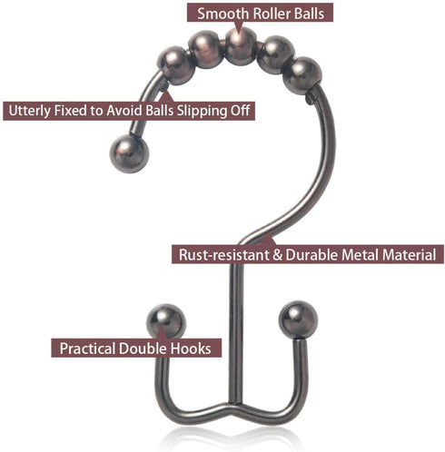 Shower Curtain Hooks Rust Resistant Shower Curtain Rings Metal Double Glide Rollers Shower Hooks for Bathroom Shower Curtain Rods Curtains, Set of...