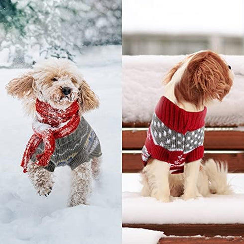 2 Pieces Christmas Cat Dog Sweater Christmas Sweater Cat Christmas Outfit Holiday Sweater for Small Dogs Winter Knitwear Xmas Pet Clothes Warm Rei...