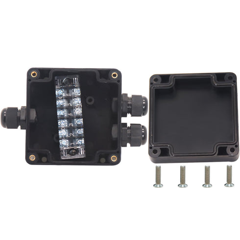 Watertight Junction Box, IP67 Waterproof Electrical Project Box with 4P 15A Barrier Terminals,1 in/2 Out Cable Glands Electronic Enclosure 3.26" x...