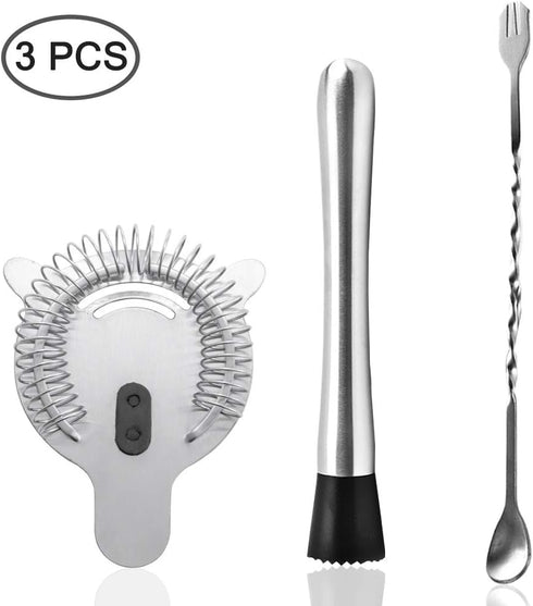 SENHAI Stainless Steel Cocktail Muddler, Spiral Mixing Spoon & 4-Prong Bar Strainer, Home Bar Bartender's Muddling Tool Set...