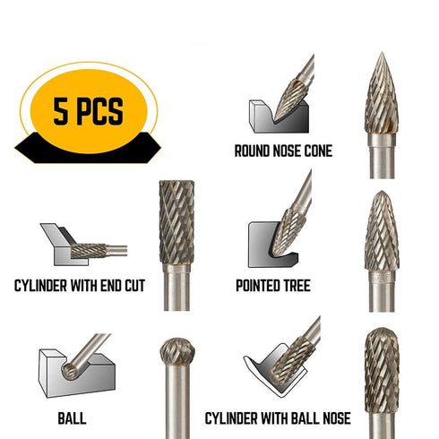 5pcs 1/4" Shank Diamond Burr Bits Set for Rotary Tool, 6x8mm Tungsten Carbide Rotary Files for Woodworking/Drilling/Carving/Engraving/Grinding (Si...