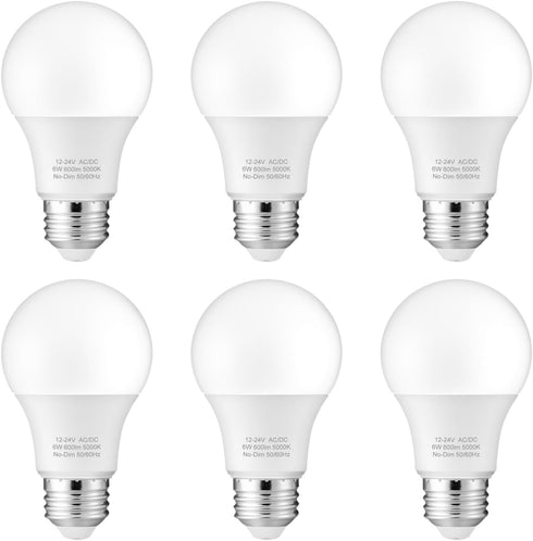 12V LED Bulb 6W(50W Equivalent), Daylight 5000K, 12V-24V AC/DC, 600 Lumens, Non-Dimmable, A19 12V DC LED Light Bulbs, E26 Base, Pack of 6...