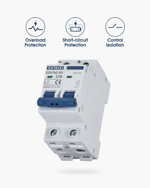 DC Miniature Circuit Breaker, 2 Pole 600V 20 Amp Isolator for Solar PV System, Thermal Magnetic Trip, DIN Rail Mount DC Disconnect Switch C20...