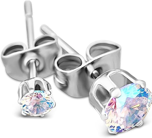 5 Pairs of Surgical Stainless Steel Aurora Borealis Crystal CZ Stud Earrings 3,4,5,6, & 7mm...