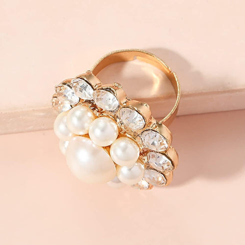 Vintage CZ Flower Pearl Statement Ring for Women Girls Gold Plated Adjustable Expandable Cubic Zirconia Imitation Pearls Open Wrap Promise Engagem...