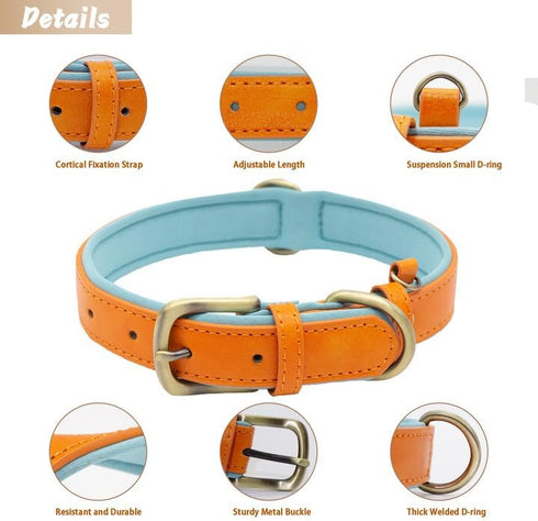 SUFEI Leather Soft Padded Dog Collar Breathable Adjustable Waterproof Tactical Pet Collar with Metal Buckle for Small Medium Dogs (S, Orange Blue)...
