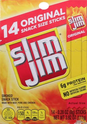 Slim Jim Smoked Meat Sticks, Original Flavor, 6g Protein Per Serving, Snack Size, Lunchbox Snack, 0.28 oz. (14 Count)...