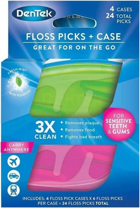 DenTek Floss Picks & Travel Case for On-The-Go, 4 Travel Cases with 6 Floss Picks Each, (Pack of 4)...