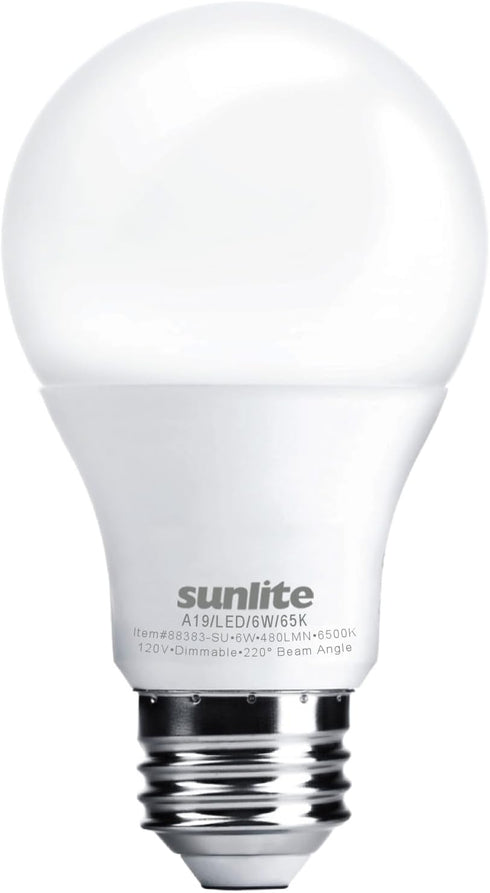Sunlite LED A19 Light Bulb, 6 Watts (40 Watt Equivalent), 480 Lumens, 120 Volts, Dimmable, Medium E26 Base, Energy Star, UL Listed, RoHS, 6500K Da...