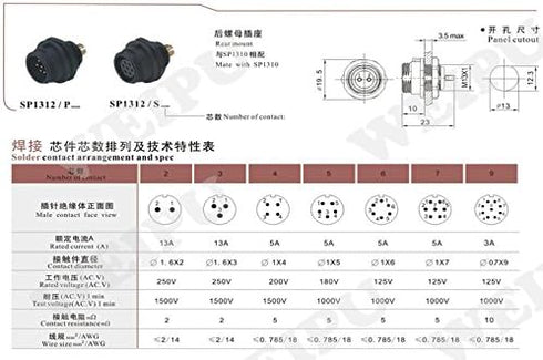 SP13 2pin/3pin/4pin/5pin/6pin/7pin/ 9pin Waterproof Aviation Cable Wire Connectors Plug Socket,IP67 Electrical Cable Connector (3pin, Panel Mount-...