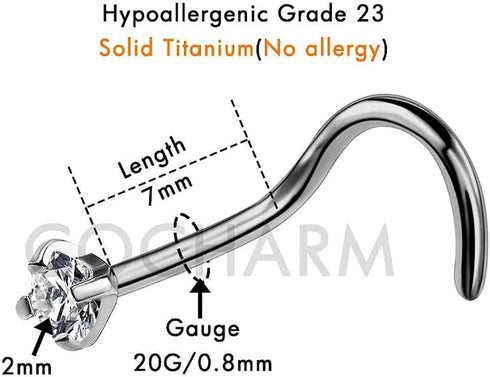 COCHARM G23 Titanium Nose Stud 20g Nose Screw Nose Rings S-Shaped 2mm Diamond Cubic Zirconia Nose Piercing Jewelry 20 Gauge Nose Corkscrew Stud...