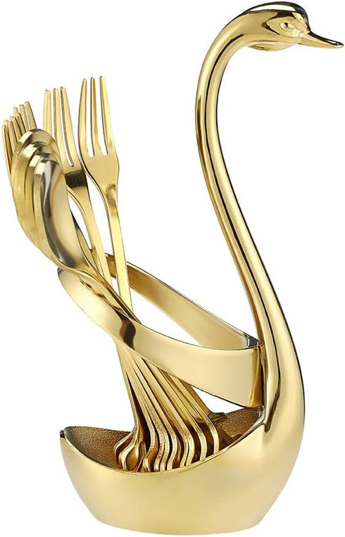 AnSaw Gold Swan Base Holder Set with 10 Pcs 4.7" Mini Leaf Teaspoons & Dessert Forks - Perfect for Appetizers,Salads,Cakes,Fruits,Cocktails,Tea,Es...