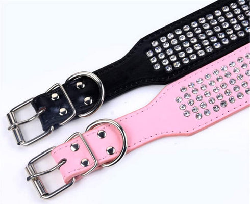 Rhinestones Dog Collars, 2" Width Full Sparkly Crystal Diamonds Dazzling Sparkling Elegant Fancy PU Leather Dog Collar for Medium Large Dogs (L, P...