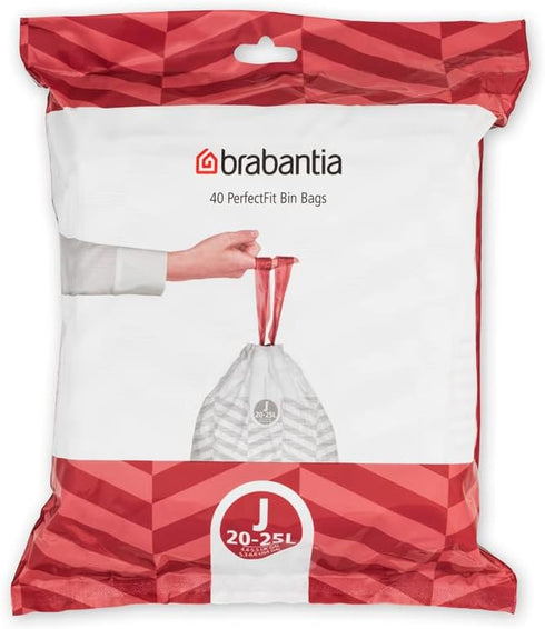 Brabantia PerfectFit Trash Bags (Size J/5.3-6.6 Gal) Thick Plastic Trash Can Liners with Drawstring Handles (40 Bags)...