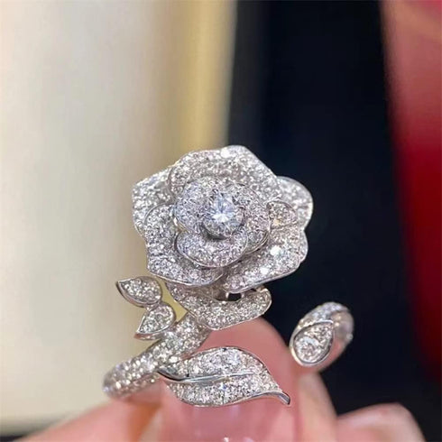 Elegant Rose Flower Engagement Ring for Women Sparkling Rhinestone CZ Crystal Open Statement Rings Promise Wedding Ring Expandable Wrap Finger Ban...