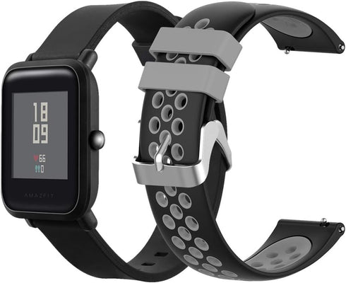 2-Pack Sport Bands Compatible with Amazfit Bip Smartwatch Breathable Replacement Strap, Black + Black-Gray...