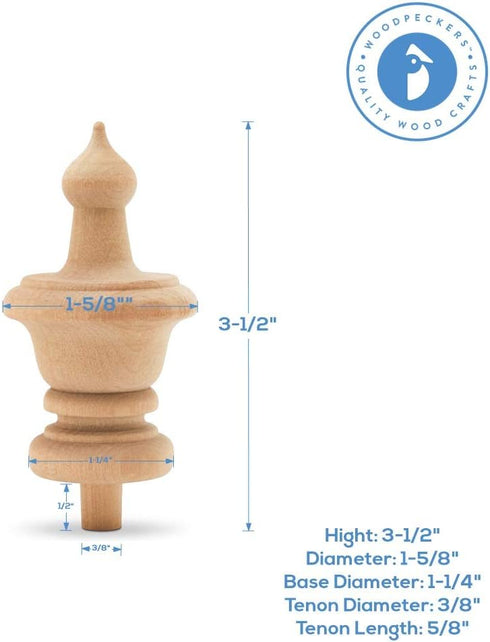Woodpeckers Unfinished Wood Finials - 3-1/2 inch, Pack of 6 Large Craft Finials for Bed Posts, Curtain Rods, Flagpoles and Crafts...