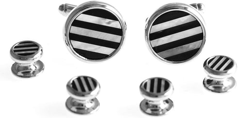 Mother of Pearl & Onyx Striped Tuxedo Cufflinks & Studs Set in a Presentation Gift Box & Polishing Cloth...