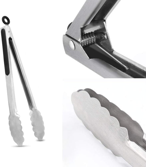 ALLTOP Metal Cooking Tongs,Stainless Steel Food Tong with No-slip Silicon and Locking Ring for Kitchen - 9 &12 inch,Set of 2-Black...