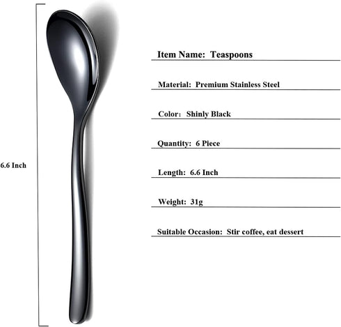 Black Tea Spoons, 6-Piece Silverware Set, Stainless Steel, 6.6 Inches, Dishwasher Safe...
